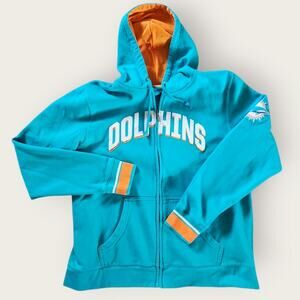 Miami Dolphins Jacket Women's Sz L Aqua and Orange Full Zip Mesh Hood Drawstring